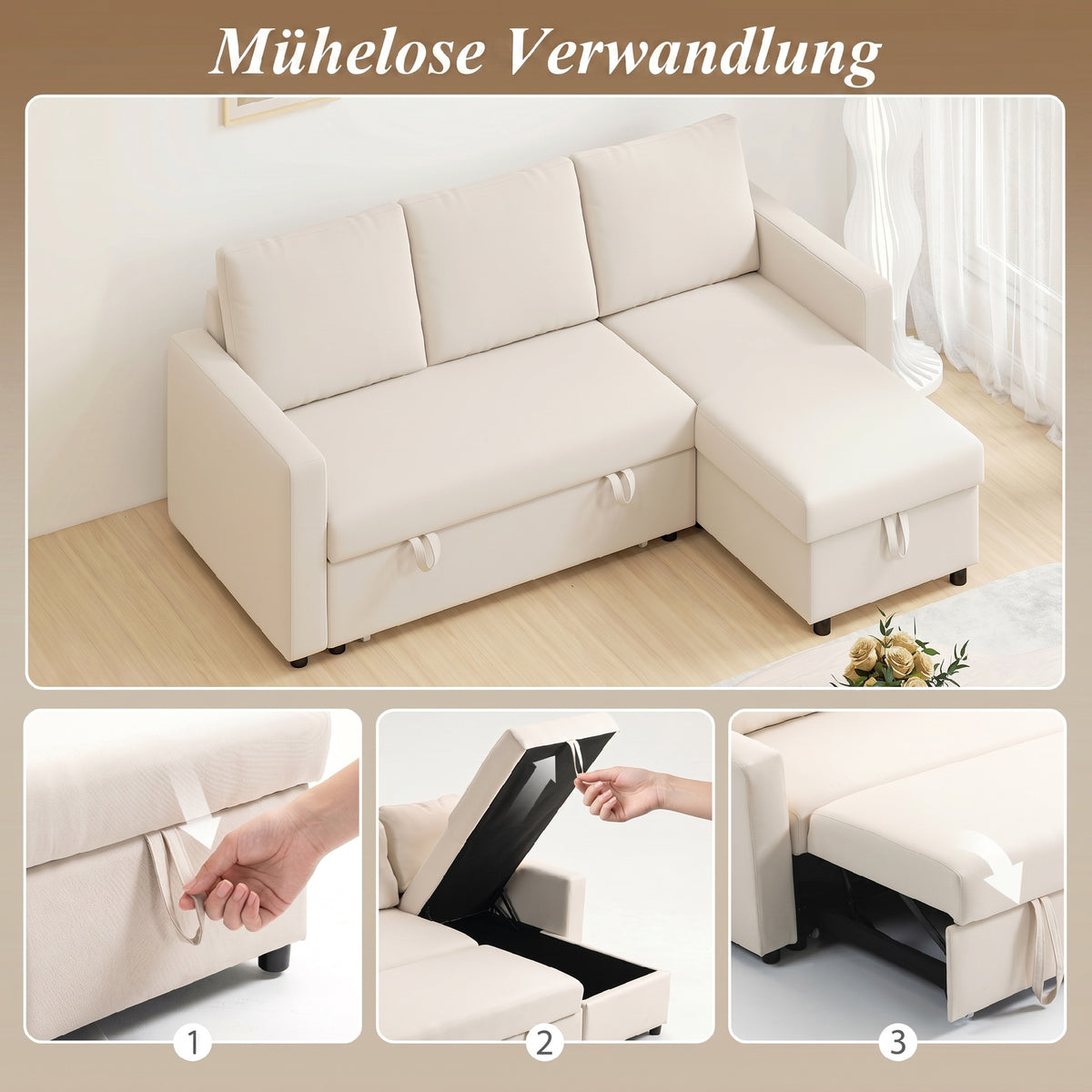 Canapé d'angle convertible modulable avec méridienne réversible, coffre de rangement et 3 coussins de dossier, crème Aosom