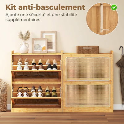 Meuble à chaussures 14 paires, armoire à chaussures 2 tiroirs rabattables, étagères réglables, 69x29x83cm, bois naturel