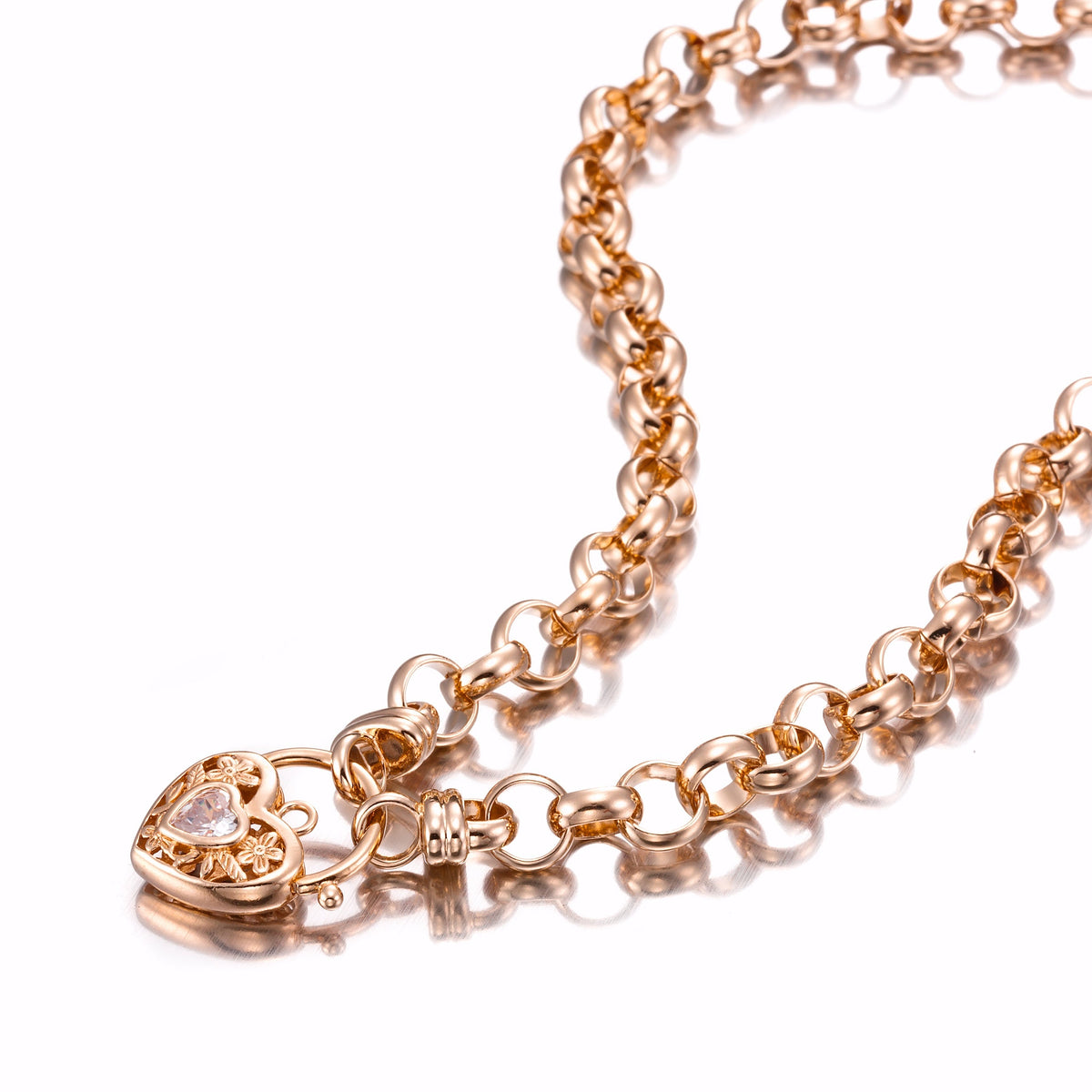 18ct Heavy Rose Gold Plated 10mm Belcher Chain Necklace with a Filigree Stoned Locket - USA Made