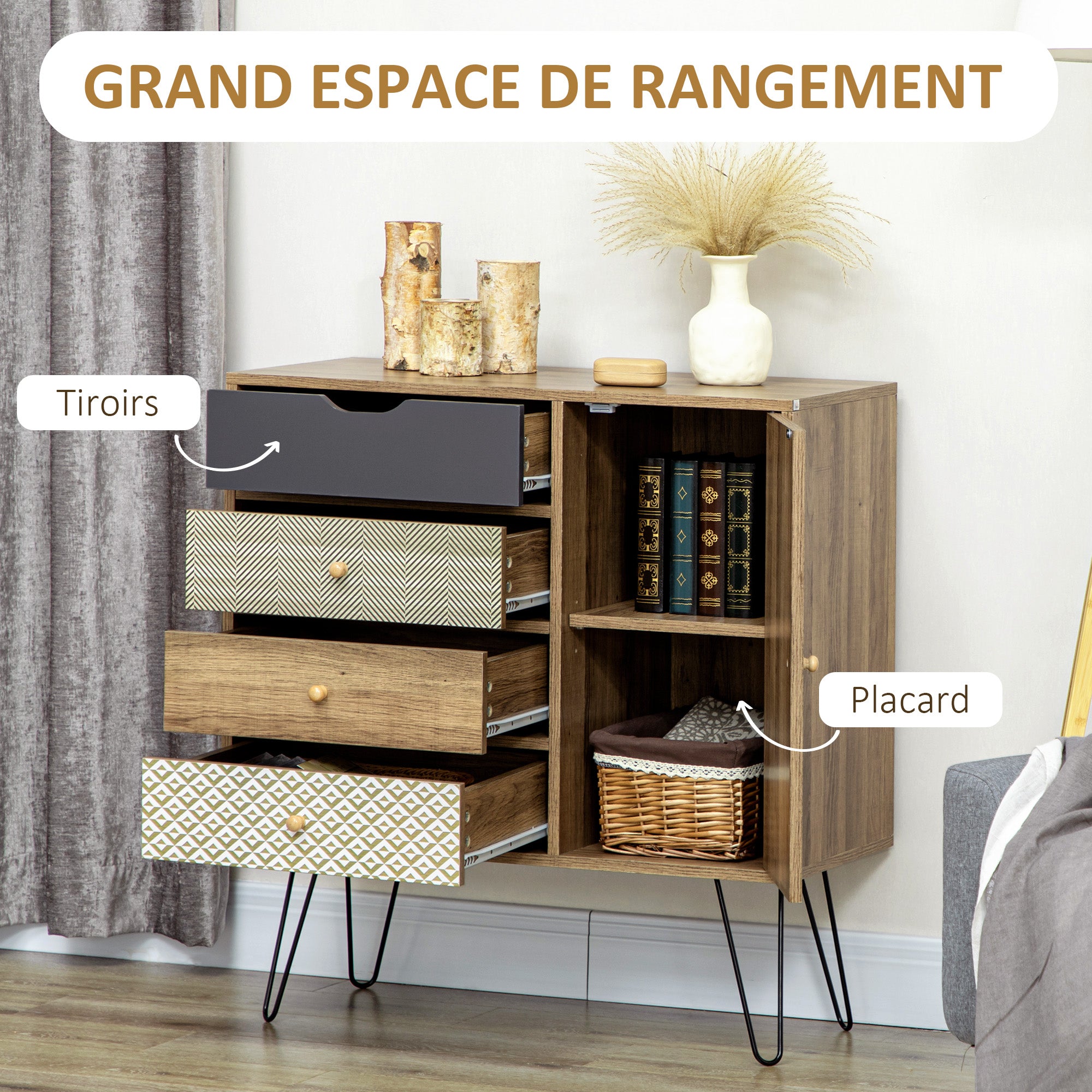 Meuble de rangement commode buffet 4 tiroirs 1 placard - pieds épingles à cheveux style bohème 79 x 39 x 86 cm marron