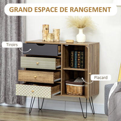 Meuble de rangement commode buffet 4 tiroirs 1 placard - pieds épingles à cheveux style bohème 79 x 39 x 86 cm marron