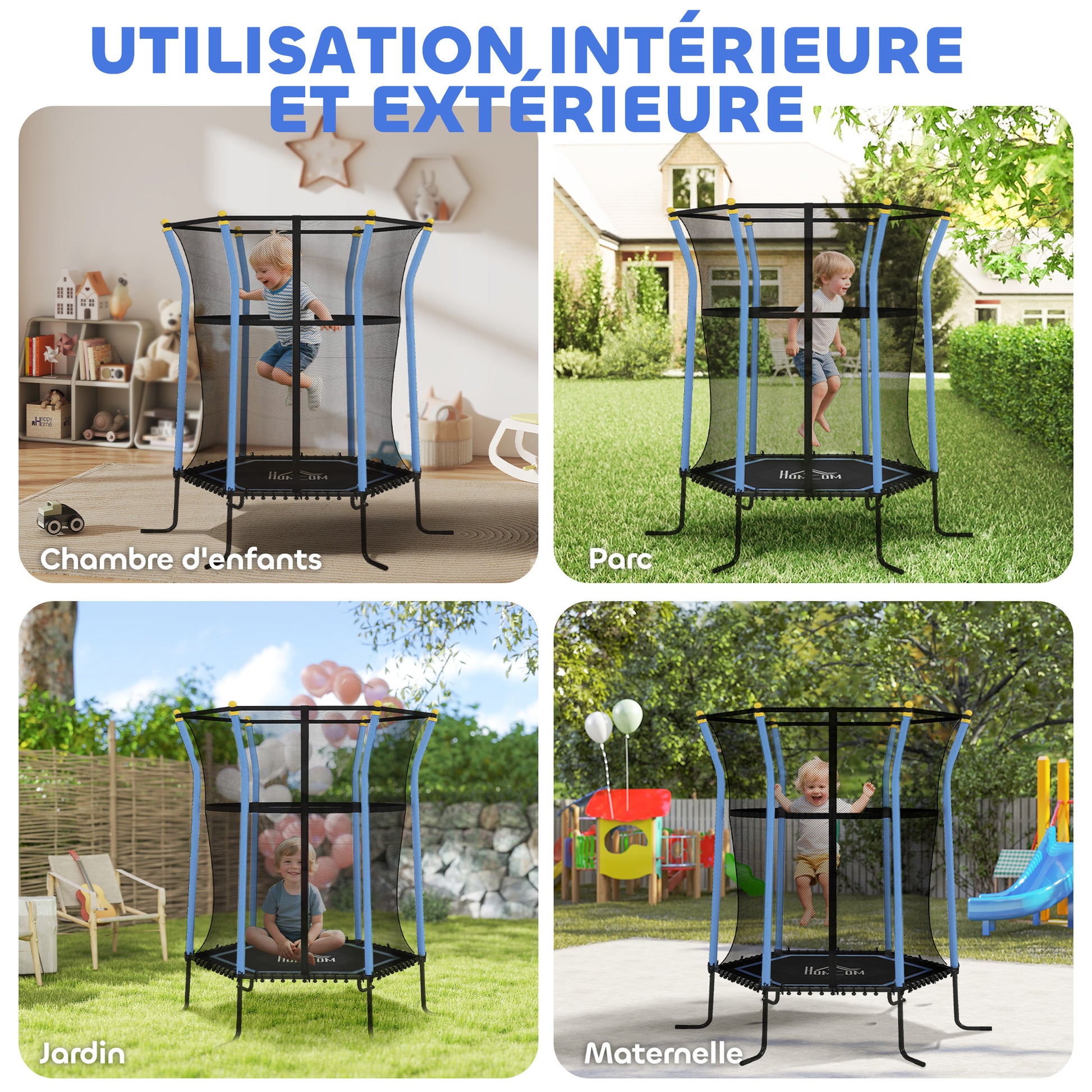 Trampoline pour enfant 1,22 x 1,11 x 1,9 m filet de sécurité porte zippée 6 poteaux rembourrés inclus bleu noir