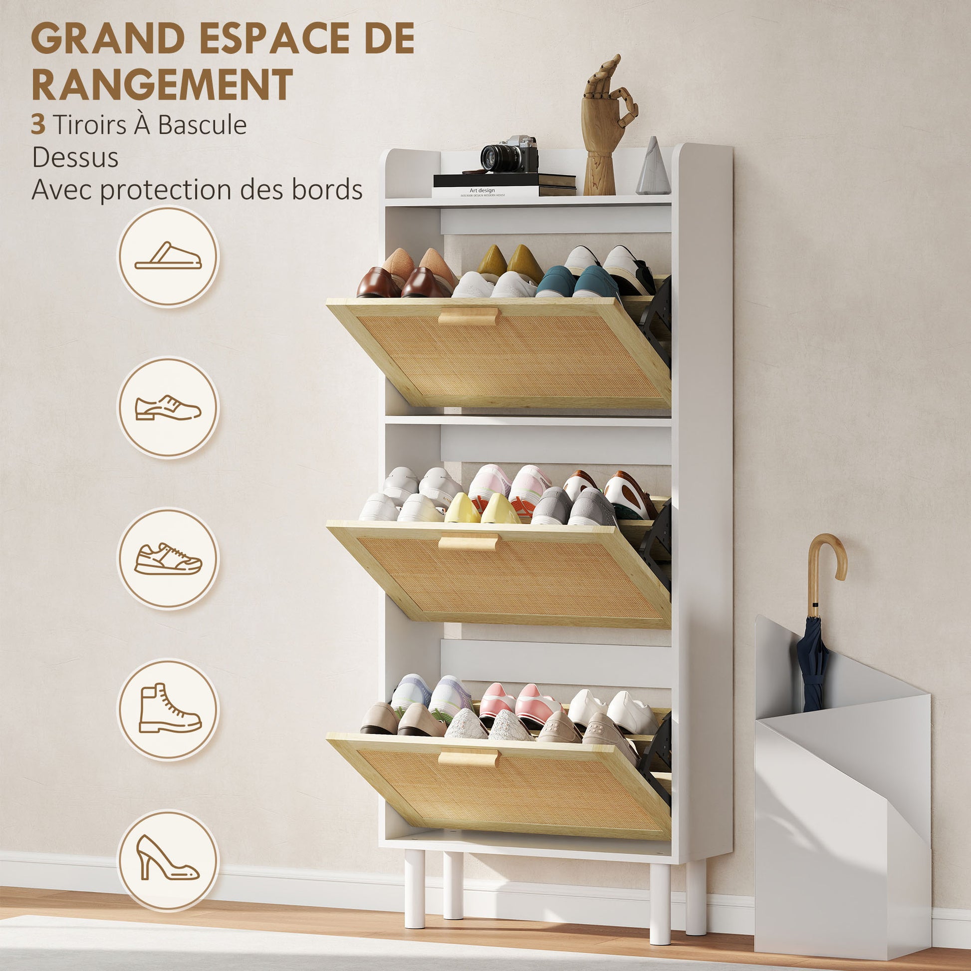 Meuble à chaussures 3 portes abattants étagère effet résine tressée design bohème 65 x 24,5 x 153 cm blanc