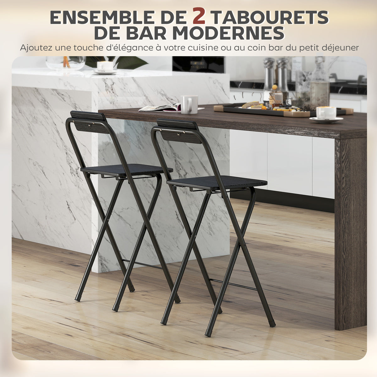 Lot de 2 tabourets de bar pliables avec dossier et repose-pieds, cadre en acier, 87 cm de haut, noir