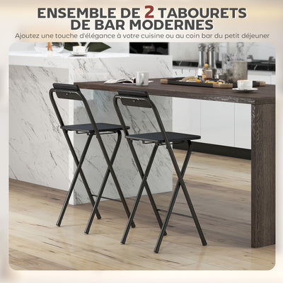 Lot de 2 tabourets de bar pliables avec dossier et repose-pieds, cadre en acier, 87 cm de haut, noir