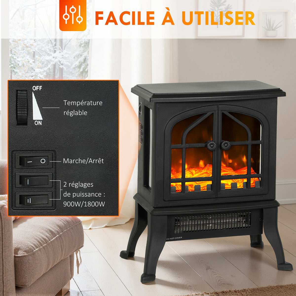 Cheminée électrique avec effet flamme 3D, 1800/900 W, fausse cheminée décorative, thermostat réglable, 39x24x48cm, noir