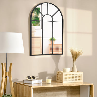 Miroir mural arqué 91 x 60 cm, miroir verrière arche style industriel, miroir de fenêtre arqué avec cadre métallique, pour salon, chambre, couloir, noir