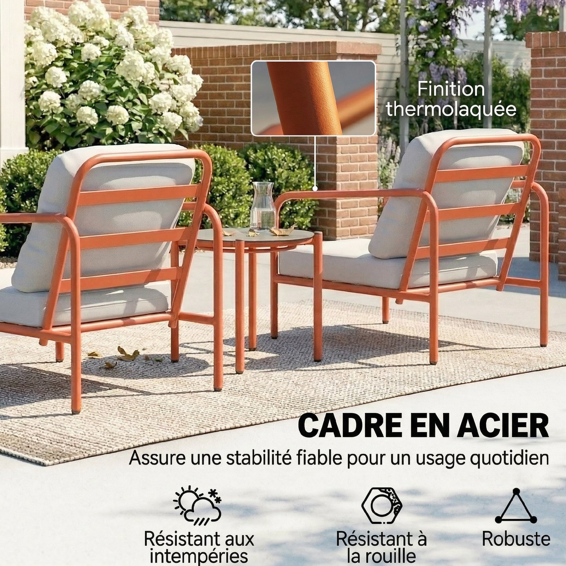 Salon de Jardin 3 Pièces, 2 Fauteuils, 1 Table Basse, Coussins Épais, Plateau en Verre Trempé, 63x77x76cm, Rouge Vineux