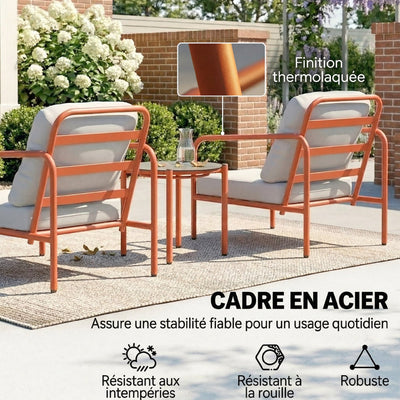 Salon de Jardin 3 Pièces, 2 Fauteuils, 1 Table Basse, Coussins Épais, Plateau en Verre Trempé, 63x77x76cm, Rouge Vineux