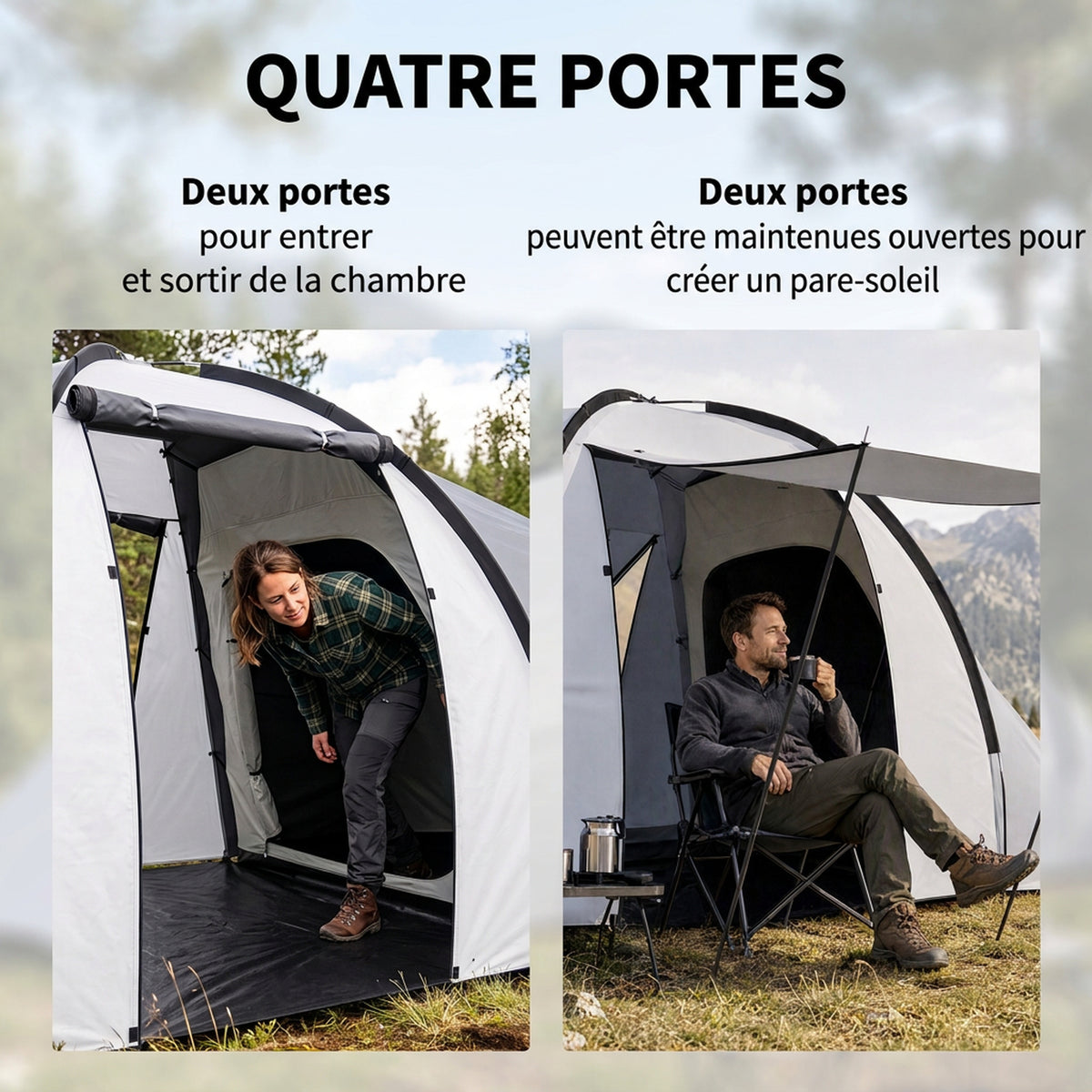 Tente de camping familiale 4 personnes dôme 2 chambres 1 séjour et 1 auvent anti-UV Imperméable 2000 mm multicolore