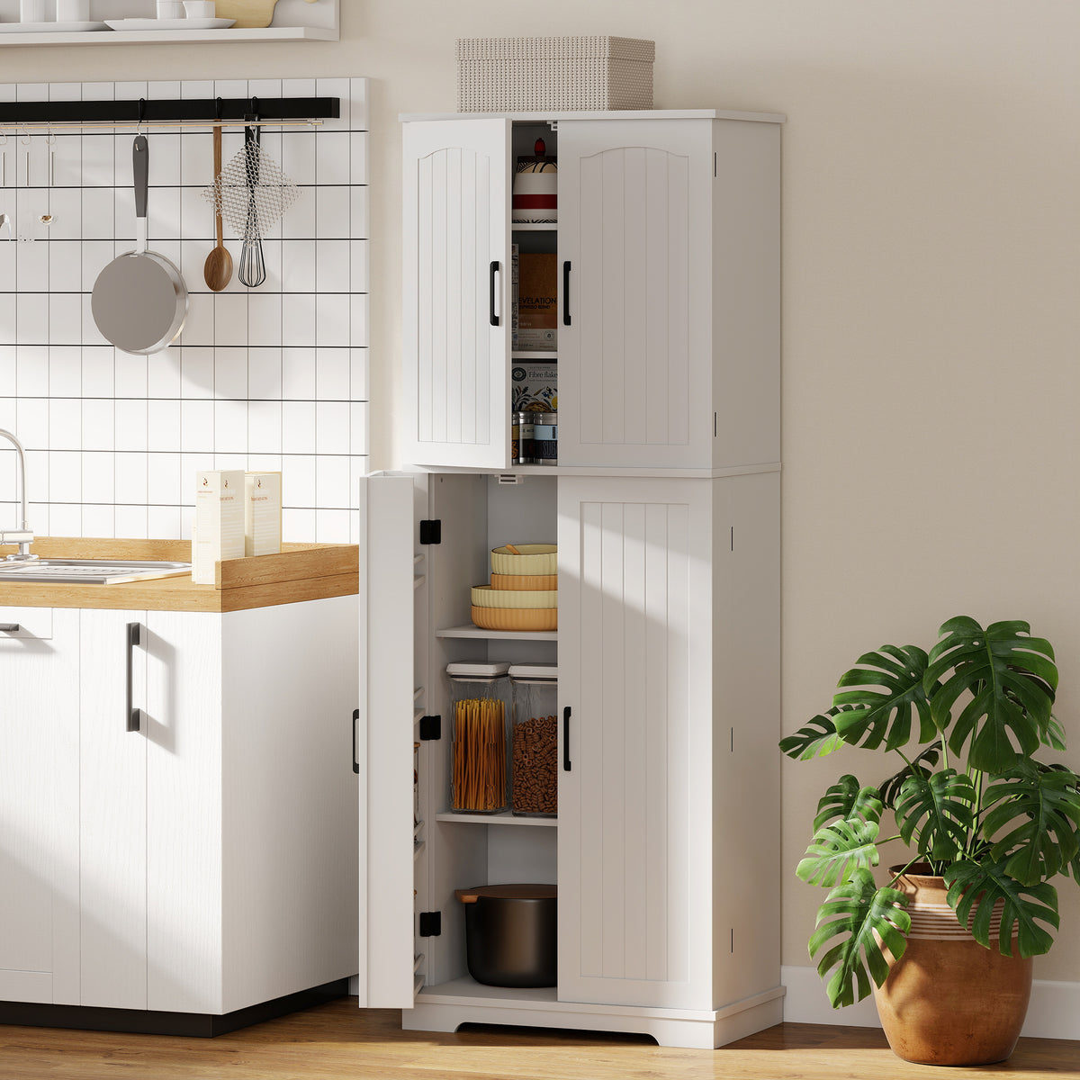 Buffet haut cuisine, armoire de cuisine, 4 portes, 10 niches, 8 porte-épices et étagères réglables, 60x35x162cm, blanc