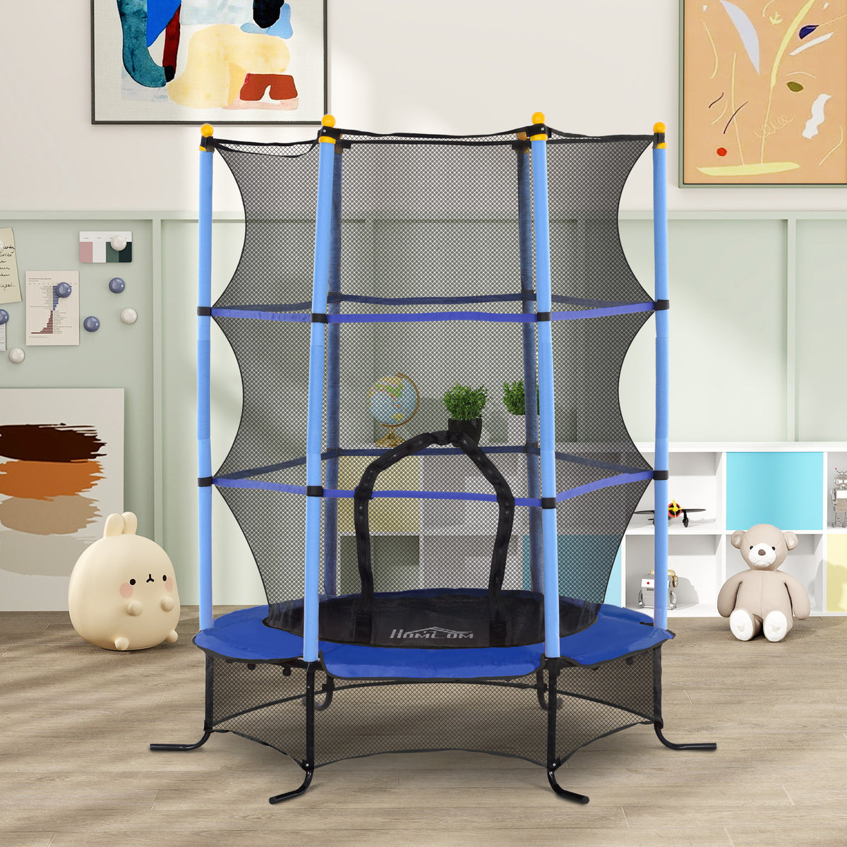 Trampoline Enfant Ø 1,63 × 1,9H m Filet de sécurité Porte zipée Couvre-Ressorts 6 poteaux rembourrés Inclus Bleu