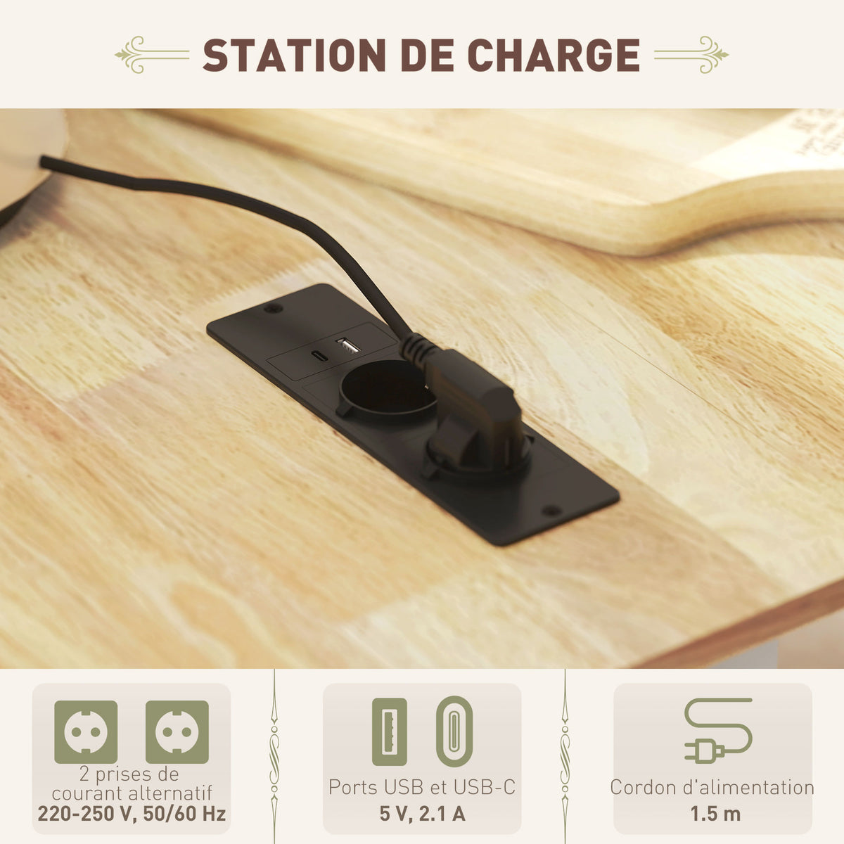 Îlot central cuisine mobile avec prise de courant et port USB, tablette à abattant, étagère réglable blanc