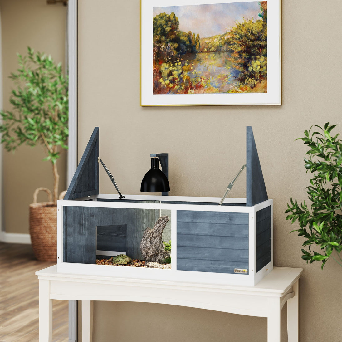 Maison pour tortues enclos avec toit ouvrant support lampe plateau fenêtre panoramique 120 x 50 x 40 cm gris Aosom