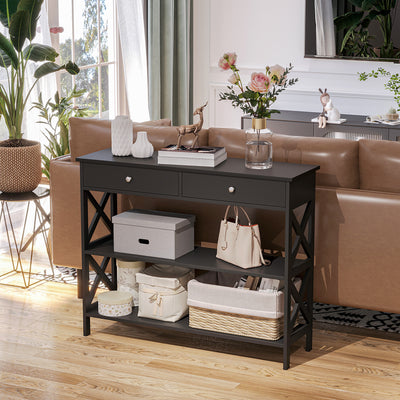 Table de console table d'entrée style table de drapier néo-rétro 2 tiroirs 2 étagères dim. 100L x 30,5l x 80H cm en bois noir