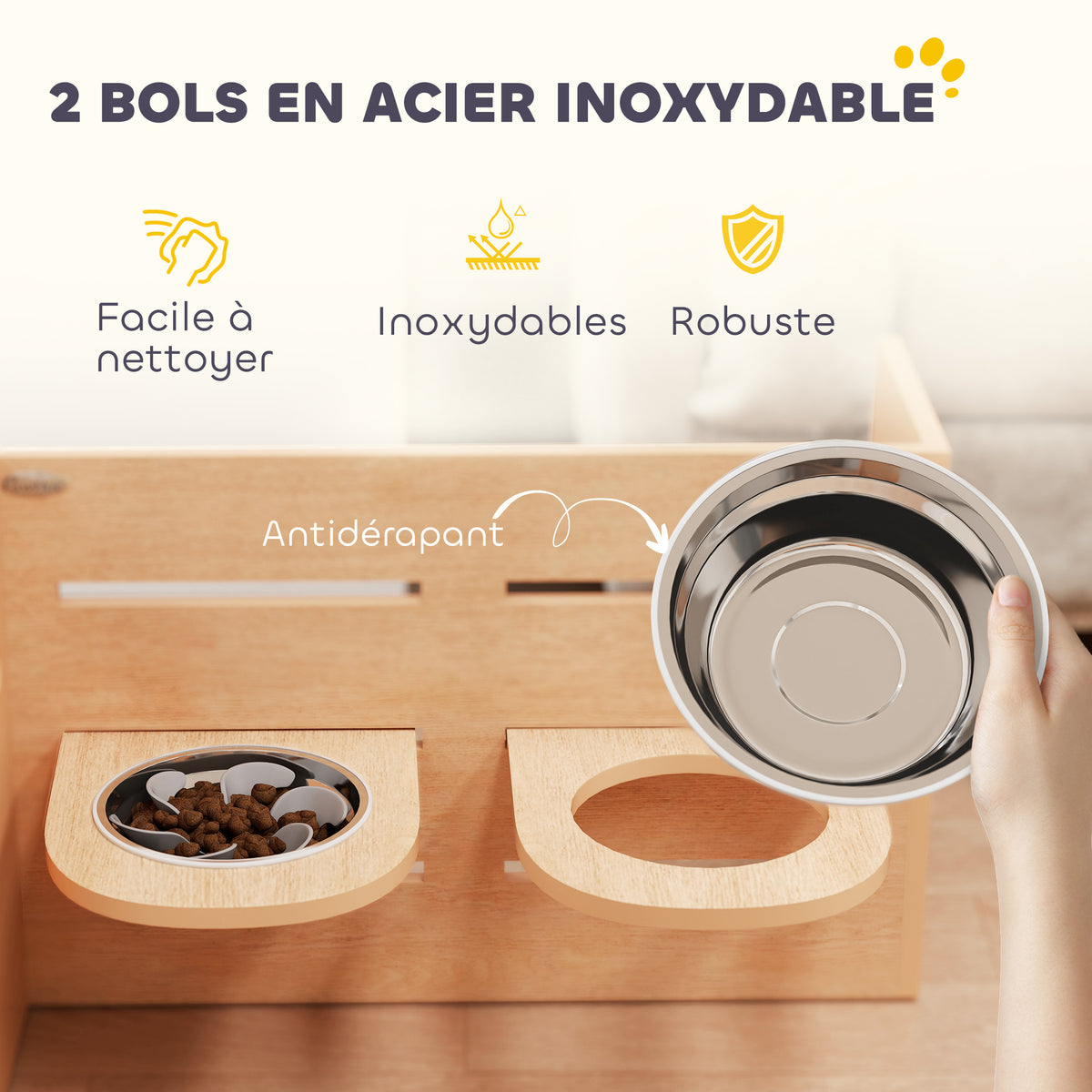 Gamelle chien surélevée de 3 hauteurs ajustables gamelle pour chien 2 bols acier inoxydable 63 x 58,5 x 40 cm chêne