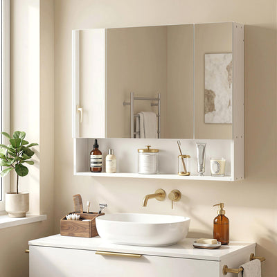 Armoire murale salle de bain avec miroir, armoire de toilette 3 portes miroir, étagères réglables, 90x15x75cm, blanc