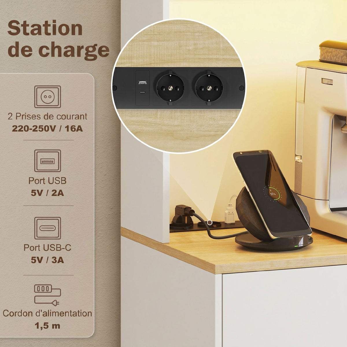 Buffet haut cuisine avec LED et station de charge, armoire de cuisine avec 4 portes, tiroir et plan de travail, blanc