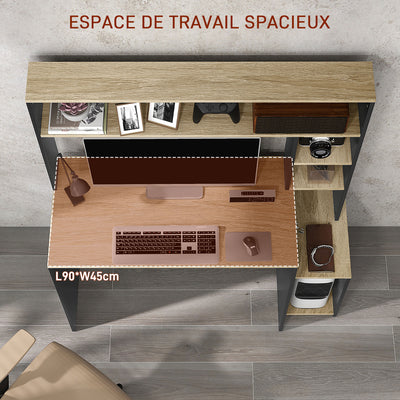 Bureau multi-rangements avec étagères, support pour unité centrale, grand bureau, 114L x 45l x 138H cm