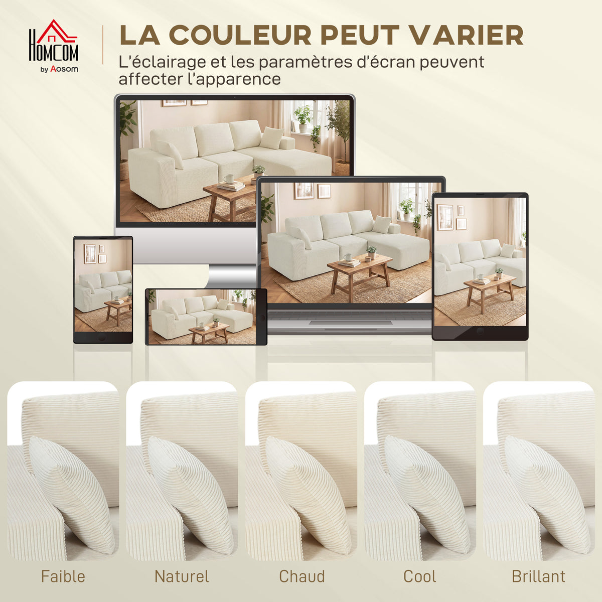 Canapé d'angle modulable 2 en 1, 267cm, canapé-lit 3 places en velours côtelé, larges assise et accoudoirs, crème