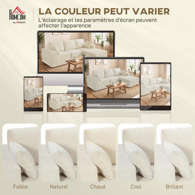 Canapé d'angle modulable 2 en 1, 267cm, canapé-lit 3 places en velours côtelé, larges assise et accoudoirs, crème