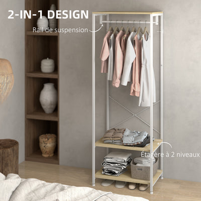 Porte-Manteaux avec tringle et 2 étagère à chaussures 60L x 40l x 167,5H cm Aspect bois Clair métal Blanc