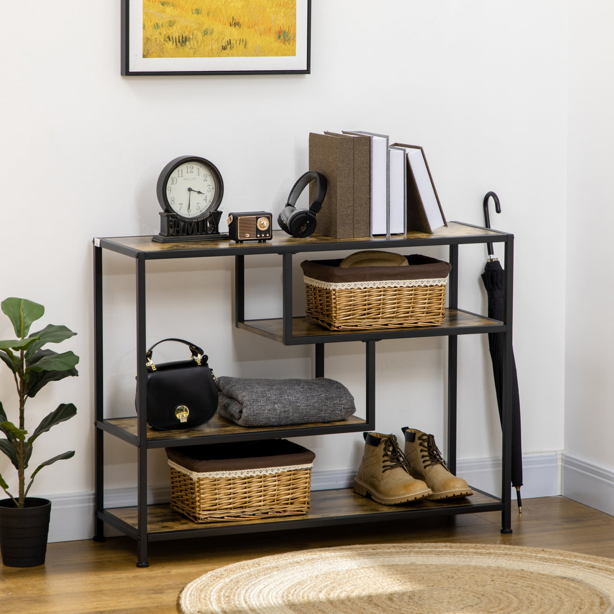 Table console style industriel avec 4 niveaux de rangement 3 étagères inférieures 99,6 x 33,6 x 74 cm