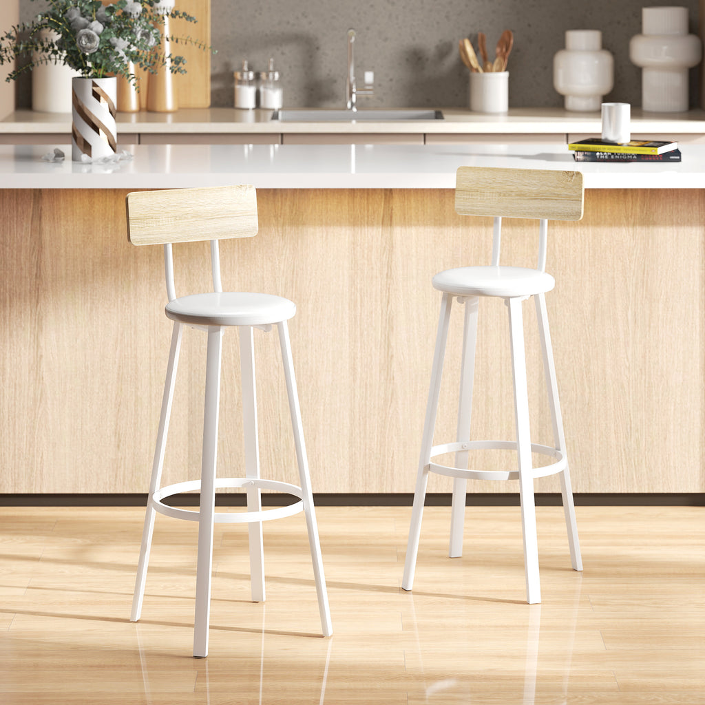 Lot de 2 tabourets de bar, chaises de bar, assise rembourrée 75,5H cm, dossier et repose-pieds, bois naturel et blanc