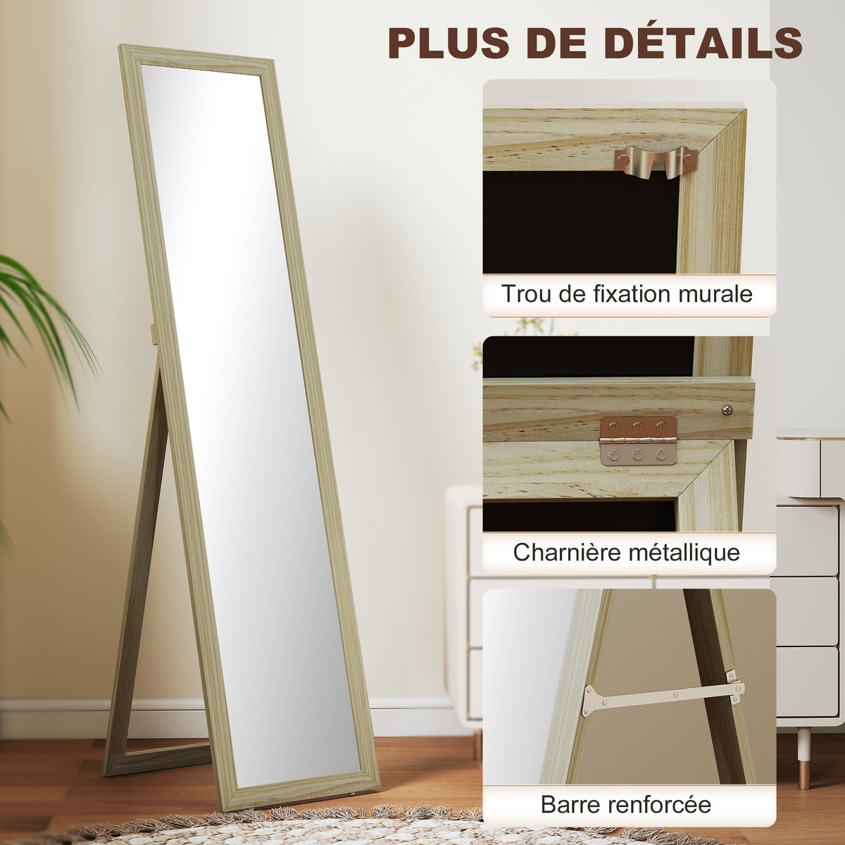 Miroir sur Pied et Mural rectangulaire miroir de sol Pleine Longueur Dressing Chambre salon 37x37x154cm bois naturel