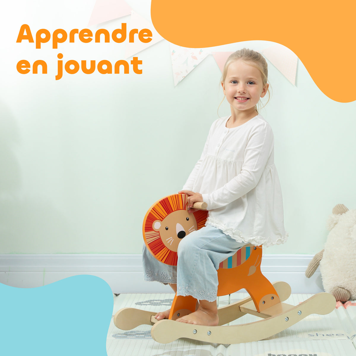 Cheval à bascule pour enfants, lion jouet à bascule bébé en bois avec guidon et base stable, 59 x 27 x 43 cm, orange