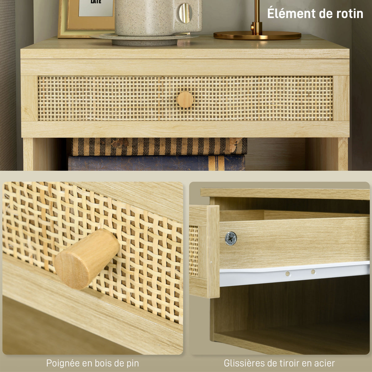 Lot de 2 tables de chevet murales tiroir coulissant, niche, plateau - en bois dim. 40L x 34l x 23H cm