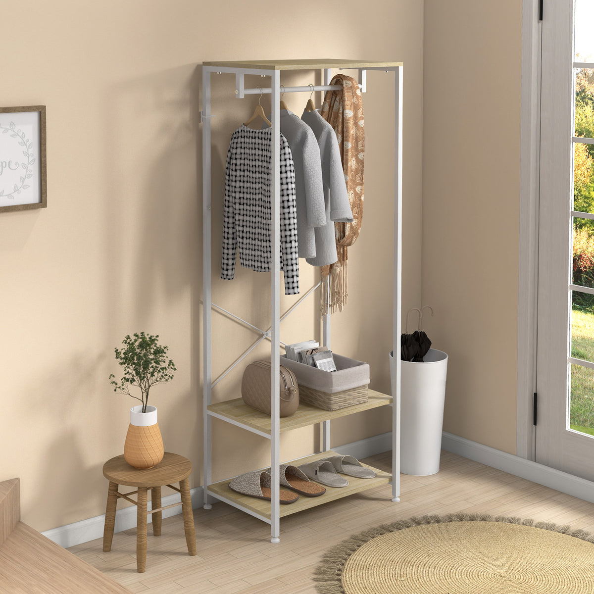 Porte-Manteaux avec tringle et 2 étagère à chaussures 60L x 40l x 167,5H cm Aspect bois Clair métal Blanc