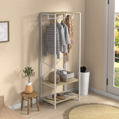 Porte-Manteaux avec tringle et 2 étagère à chaussures 60L x 40l x 167,5H cm Aspect bois Clair métal Blanc