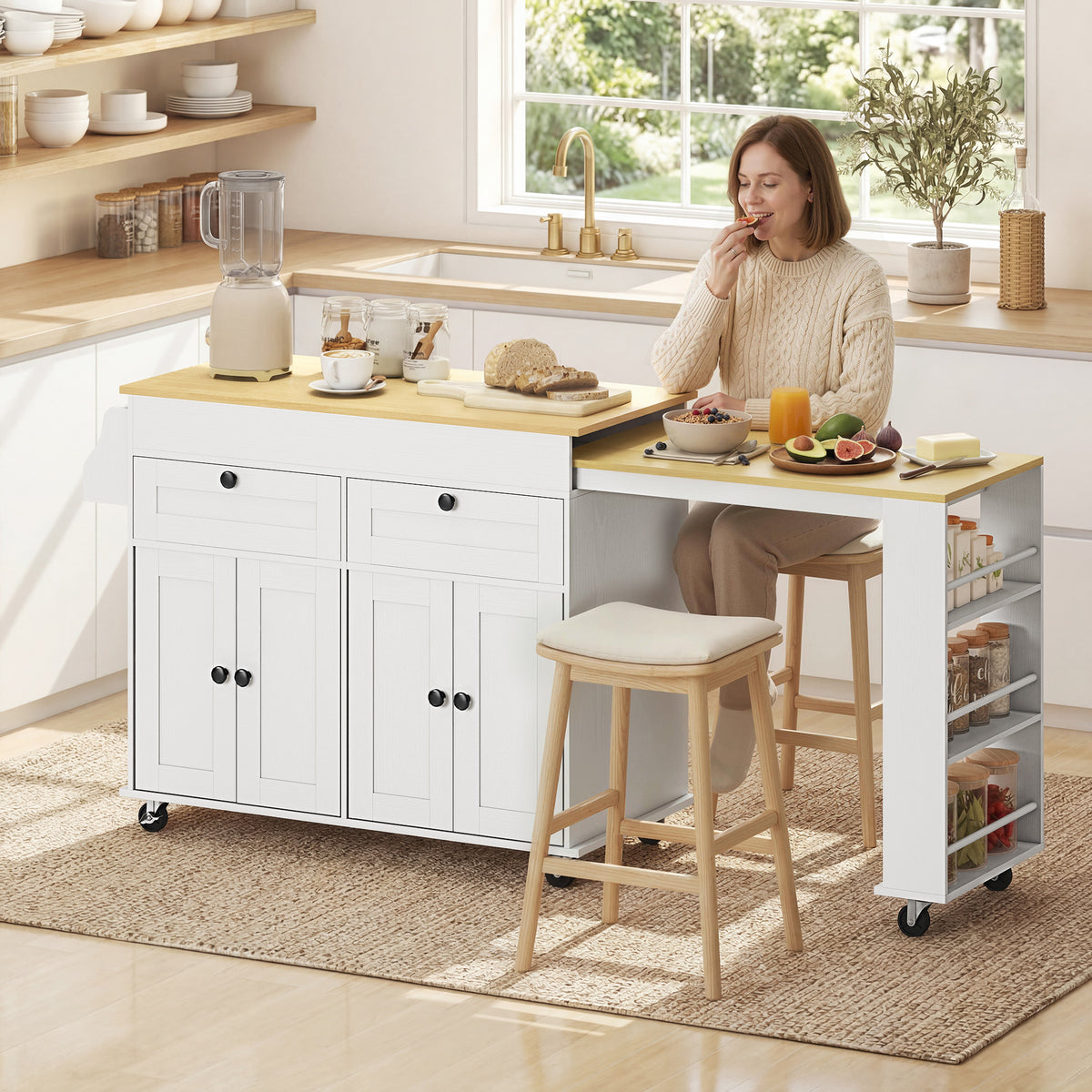 îlot central cuisine avec plateau extensible, desserte de cuisine sur roulettes avec 2 tiroirs, 4 portes, blanc