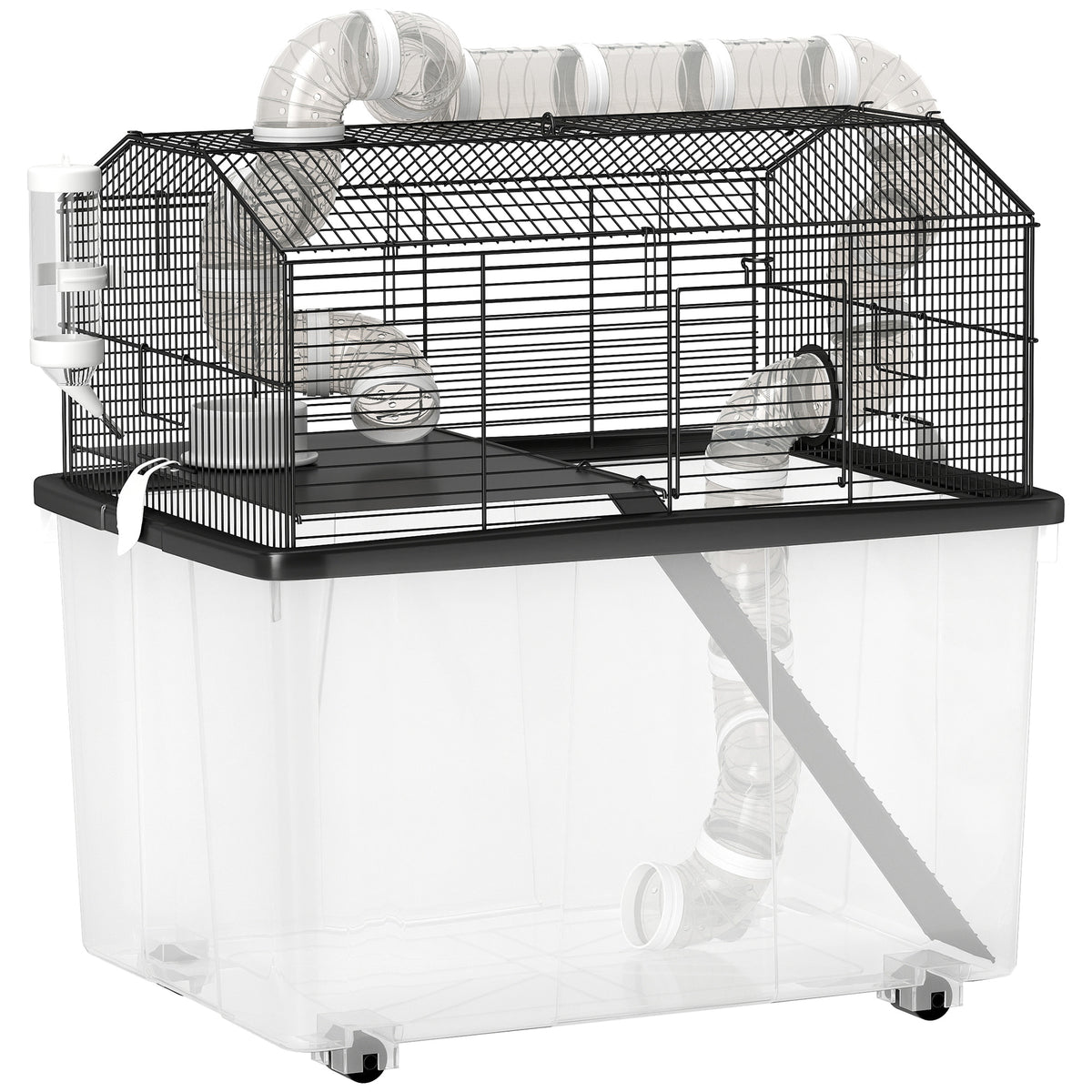 Cage pour hamster portable cage pour hamster avec rampe, gamelle, bouteille d'eau système de tuyaux 58 x 43 x 57 cm noir