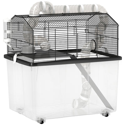 Cage pour hamster portable cage pour hamster avec rampe, gamelle, bouteille d'eau système de tuyaux 58 x 43 x 57 cm noir
