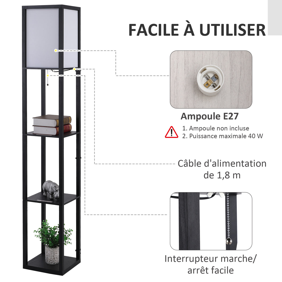 Lampadaire étagère 26L x 26l x 160H cm 3 étagères 4 Niveaux MDF Noir