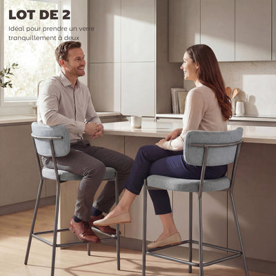 Lot de 2 tabourets de bar, chaises de bar, assise rembourrée, dossier courbé et repose-pieds, 49 x 53 x 93 cm, gris