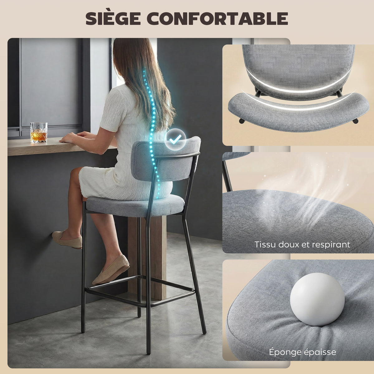 Lot de 2 tabourets de bar, chaises de bar, assise rembourrée, dossier courbé et repose-pieds, 49 x 53 x 93 cm, gris