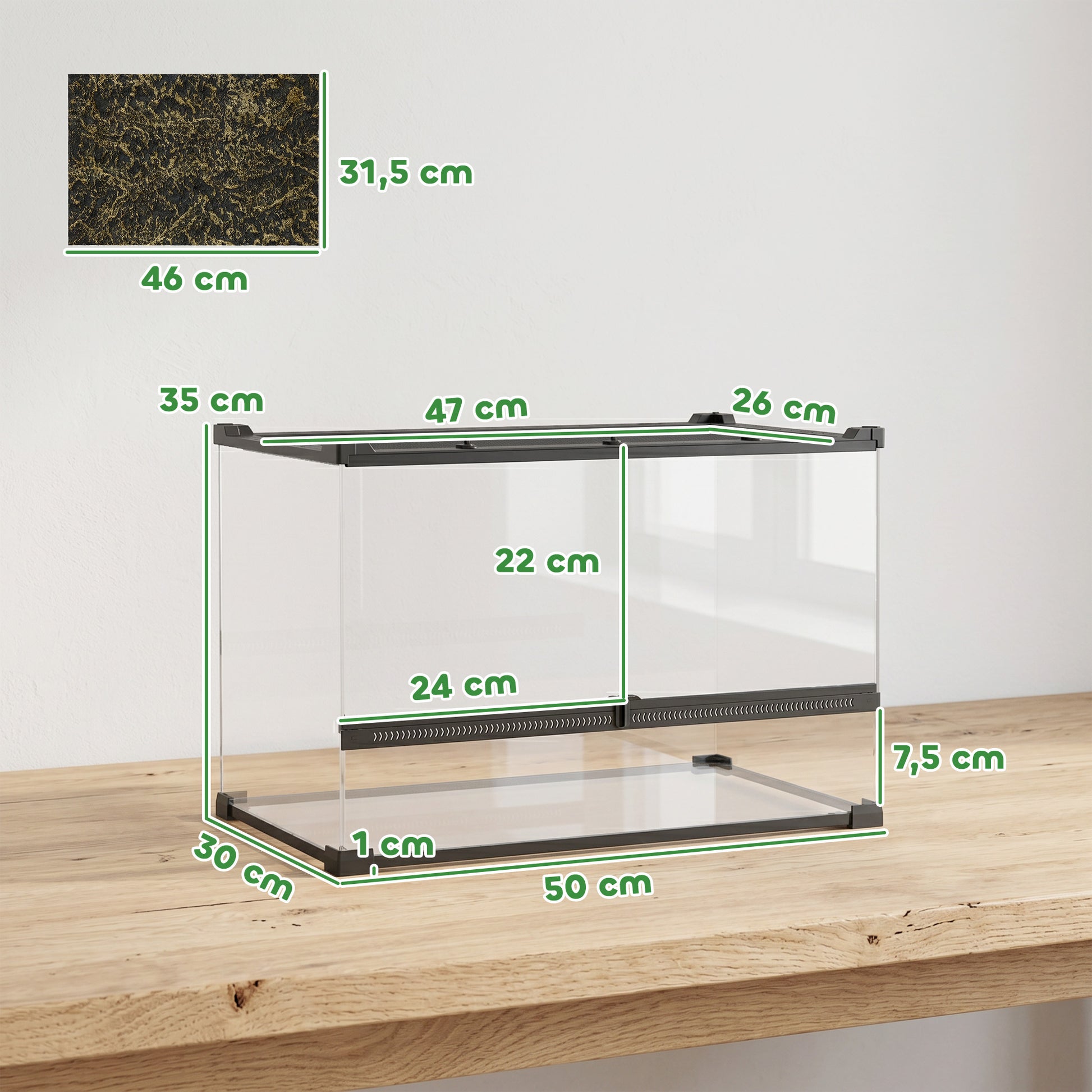 Boîte à Reptiles avec Panneau de Fond, Fermeture Sécurisée Par Rotation, Ventilation Frontale, 50x30x35cm, Noir