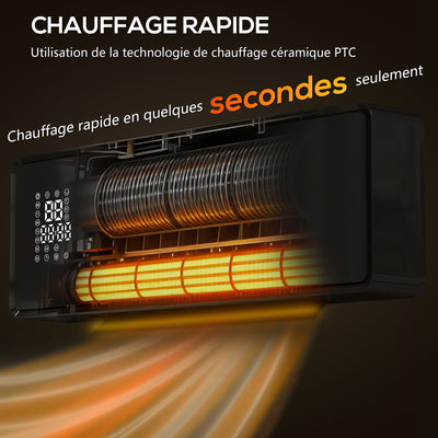 Chauffage mural en céramique 1000/2000W, radiateur électrique, ventilateur, thermostat, minuterie, 54x18,7x12,3cm, noir
