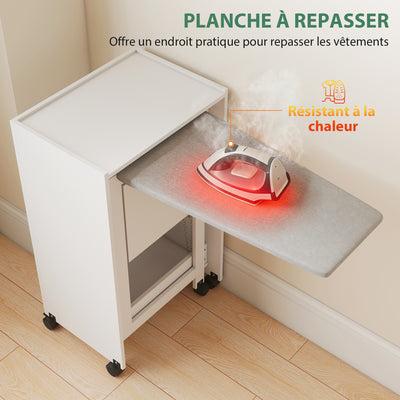 Meuble à repasser, table à repasser pliante sur roulettes avec portes par pression, charnières à fermeture douce, blanc