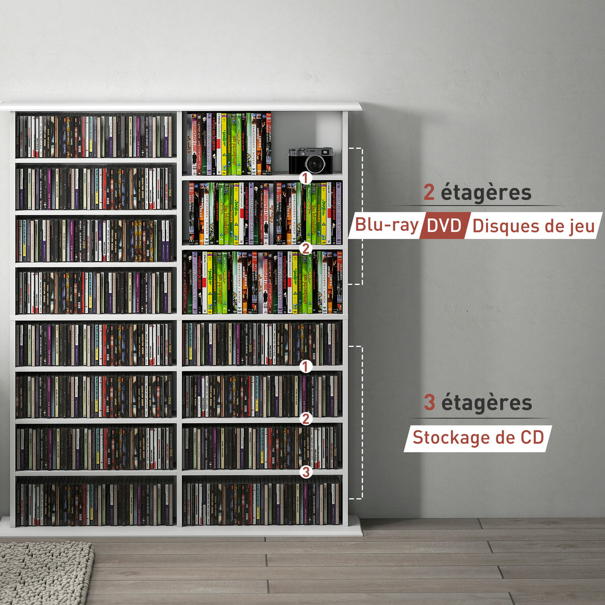 Rangements pour CD et DVD avec 16 compartiments et 12 étagères réglables, capacité max. 720 CD/396 DVD et Blu-ray, blanc Aosom
