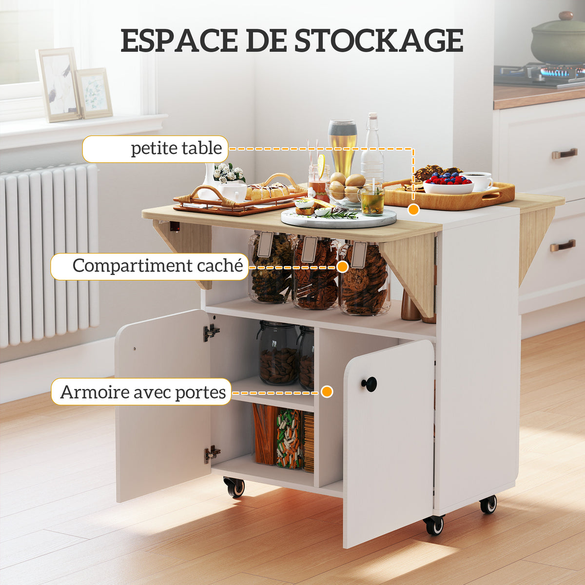 Table à manger pliante sur roulettes, table de cuisine 4 personnes, 2 abattants, étagère, placard, 70x83x75cm, blanc