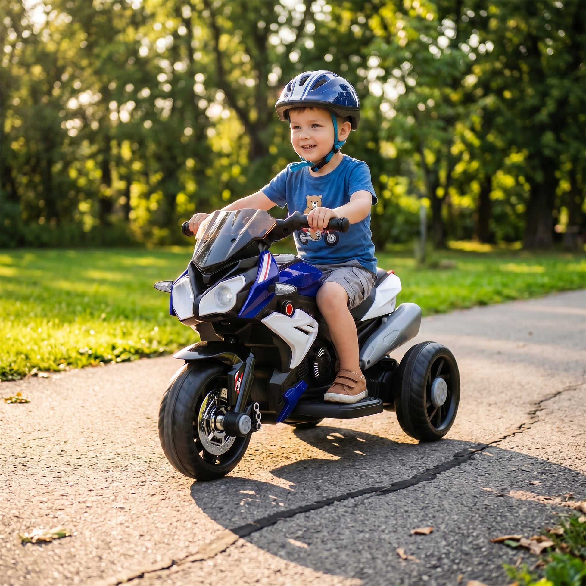 Moto électrique enfants 3 roues 6 V, voiture électrique enfants 3 à 5 ans, effets lumineux et sonores, 86x42x52cm, bleu