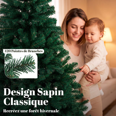 Sapin de Noël Artificiel 150 cm, Arbre de Noël avec 420 Pointes de Branches Articulées, Support Pliable en Acier, Vert