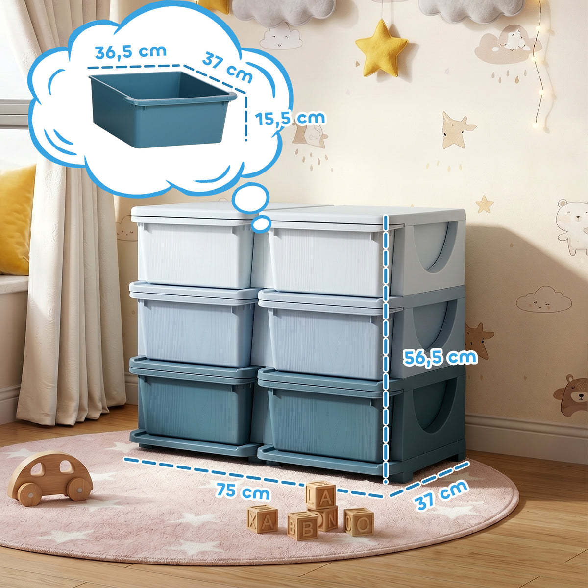 Organisateur de jouets pour enfants à 3 niveaux avec 6 tiroirs, boîtes de rangement en plastique, 75x37x56,5cm, bleu