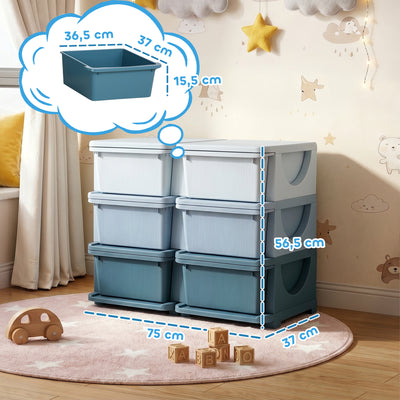 Organisateur de jouets pour enfants à 3 niveaux avec 6 tiroirs, boîtes de rangement en plastique, 75x37x56,5cm, bleu