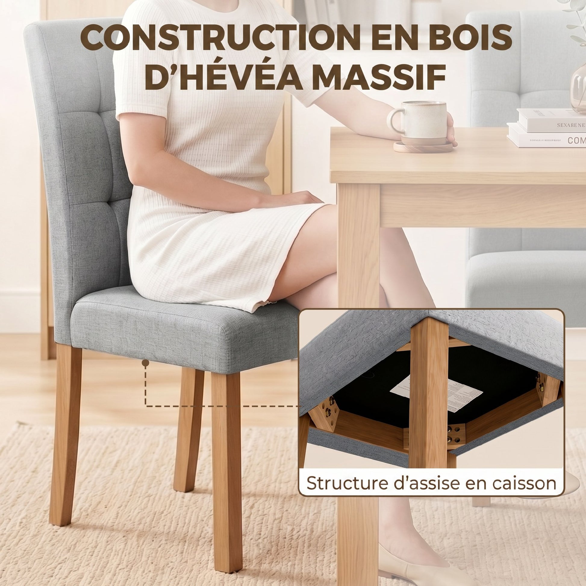 Lot de 2 chaises de salle à manger, chaise de cuisine moderne avec siège rembourré en tissu effet lin, gris clair