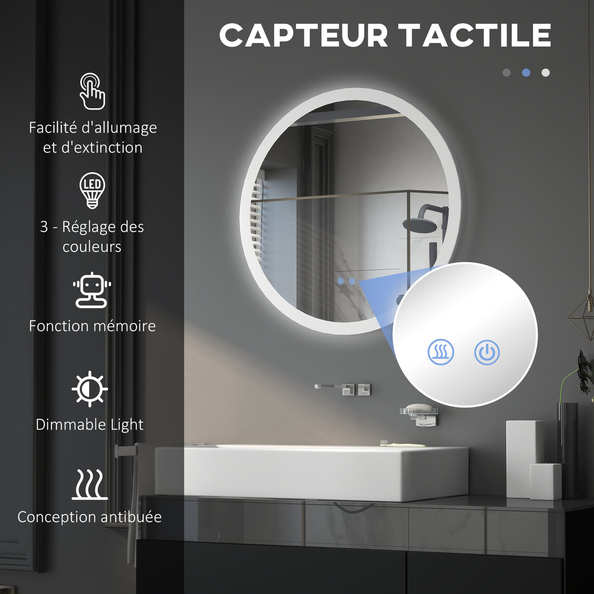 Miroir rond lumineux LED de salle de bain Ø 70 cm mural éclairage interrupteur tactile système antibuée 35W blanc argent